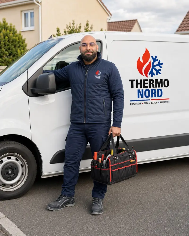 Rida devant le camion Thermo Nord — chauffage, climatisation et plomberie dans le 94